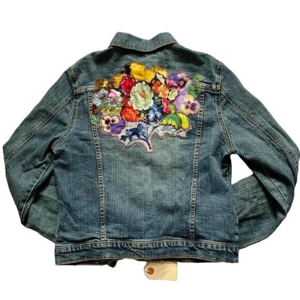 Custom Denim Jacket Floral Applique Small Handmade Art To Wear Ooak Cottage